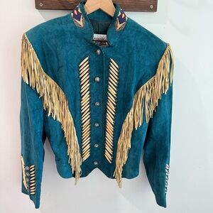 Vintage Teal Leather Jacket with Fringe